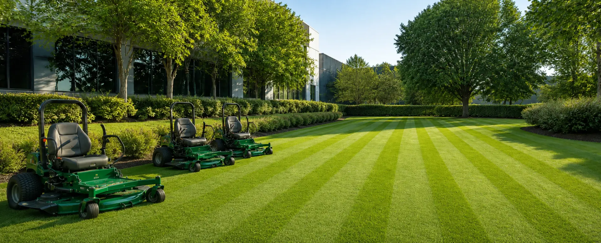 Commercial zero-turn mowers on a striped lawn at a modern corporate campus